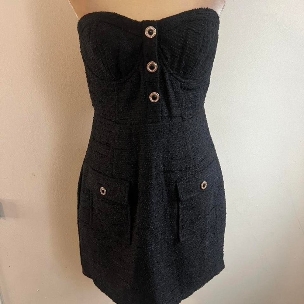 AQUA Black Tweed Strapless Bustier Mini Dress with Ornate Buttons XL